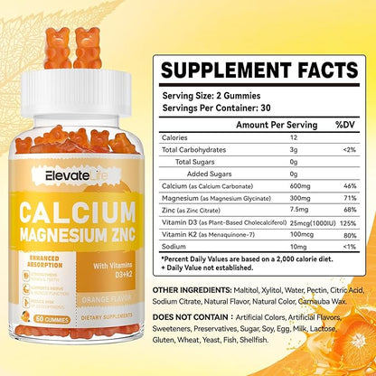 Calcium Magnesium Zinc Gummies with Vitamin D3 & K2 - High Potency Enhanced Absorption -60 Orange Gummies Flavored