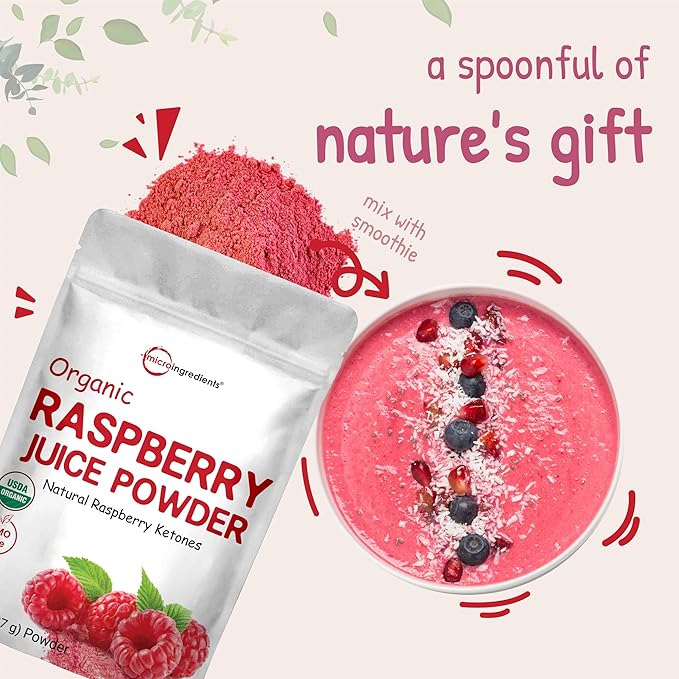 Organic Raspberry Juice powder, 8oz | 100% Natural Fruit Powder | Freeze-Dried Raspberries Source | No Sugar & Additives | Great Flavor for Drinks, Smoothie, & Beverages | Non-GMO & Vegan Friendly