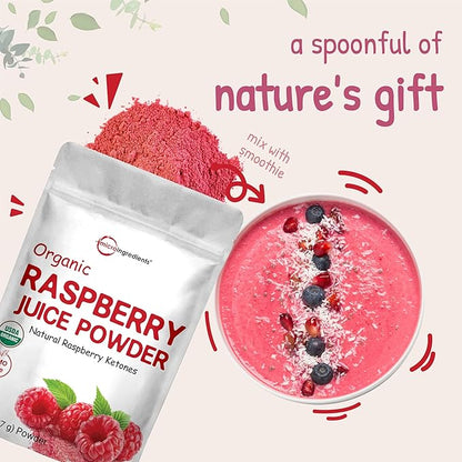 Organic Raspberry Juice powder, 8oz | 100% Natural Fruit Powder | Freeze-Dried Raspberries Source | No Sugar & Additives | Great Flavor for Drinks, Smoothie, & Beverages | Non-GMO & Vegan Friendly
