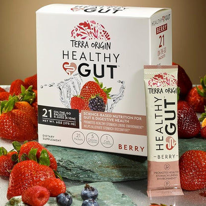 TERRA ORIGIN Healthy Gut Stick Packs, L-Glutamine, Slippery Elm, Aloe Vera, Licorice Root Extract, Gut Health, Digestive Support, Leaky Gut Repair, Immune Function, On-The-Go, 21 Ct, Berry