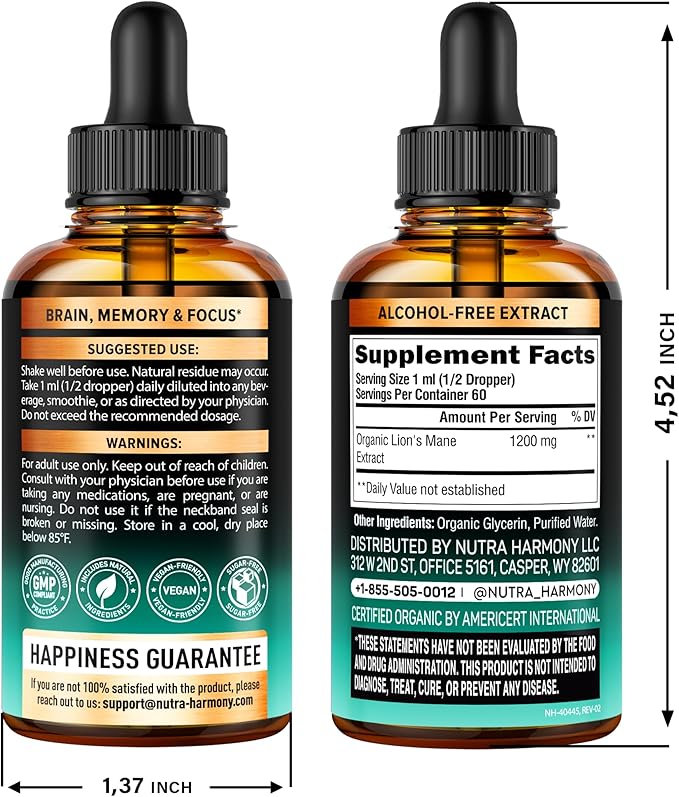 Lions Mane Liquid - USDA Certified Organic Lions Mane Supplement - Brain Support, Energy, Memory & Focus - Sugar & Alcohol-Free Lions Mane Mushroom Extract 72,000 mg / Bottle - 2 Fl OZ, 2 Month Supply