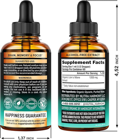 Lions Mane Liquid - USDA Certified Organic Lions Mane Supplement - Brain Support, Energy, Memory & Focus - Sugar & Alcohol-Free Lions Mane Mushroom Extract 72,000 mg / Bottle - 2 Fl OZ, 2 Month Supply