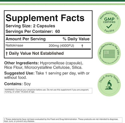 Nattokinase Supplement 4,000 FU Servings, 120 Capsules (Derived from Japanese Natto) Systemic Enzymes for Cardiovascular and Circulatory Support by Double Wood