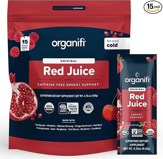 Organifi Red Juice - Energy Powder Reduces Afternoon Crashes and Boosts Digestion and Immune System, 15 Go Packets