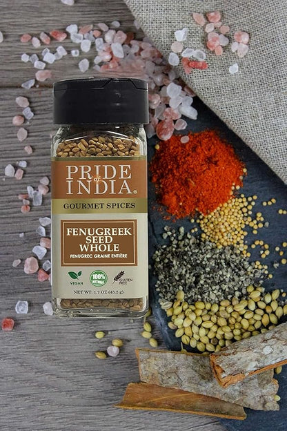 Pride of India – Fenugreek Seed Whole – Whole & Gourmet Indian Spice – Ideal Seasoning for Cooking – Free of Preservatives – Easy to Use – 1.7oz. Small Dual Sifter Jar