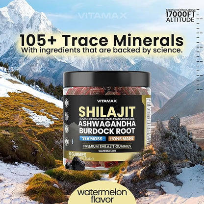 Organic Shilajit Gummies, Sea Moss, Ashwagandha, 105+ Trace Minerals – Organic Burdock Root & Lions Mane Mushroom – Watermelon Flavor - Vegan & Non-GMO – Made in USA – 60ct