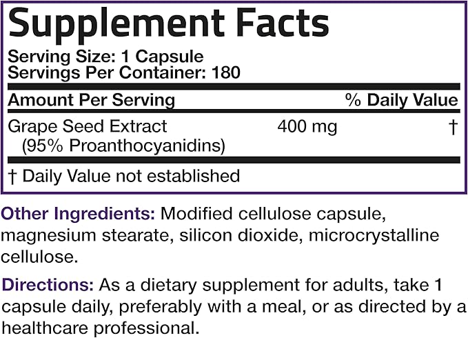 Bronson Grape Seed Extract 400 mg - Antioxidant & Immune Support - Standardized Extract with 95% Proanthocyanidins- Non GMO, 180 Vegetarian Capsules