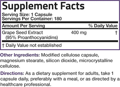 Bronson Grape Seed Extract 400 mg - Antioxidant & Immune Support - Standardized Extract with 95% Proanthocyanidins- Non GMO, 180 Vegetarian Capsules