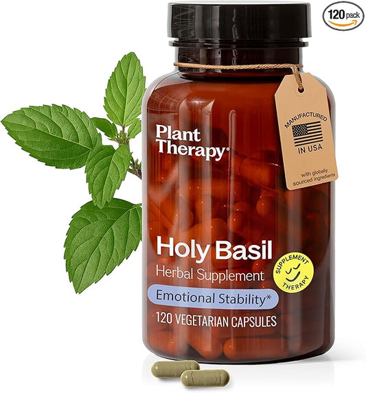 Plant Therapy Holy Basil Capsules Manufactured in USA 4 Month Supply Supports Emotional Stability, Positive Mood, Combats Fatigue & Mental Tension Supplements for Women & Men 120 Vegetarian Capsule