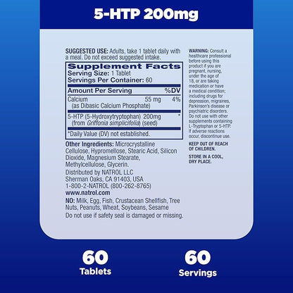 Natrol 5-HTP 200mg, Dietary Supplement Helps Support a Balanced Mood, 60 Time Release Tablets, 60 Day Supply