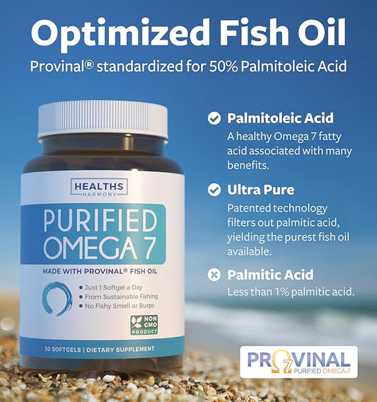 Omega 7 Supplement for Women and Men - High Potency & Purity Palmitoleic Acid Fatty Acid Fish Oil Supplement from Patented Provinal with Lowest Palmitic Acid - Sustainably Sourced (1 Month Supply)