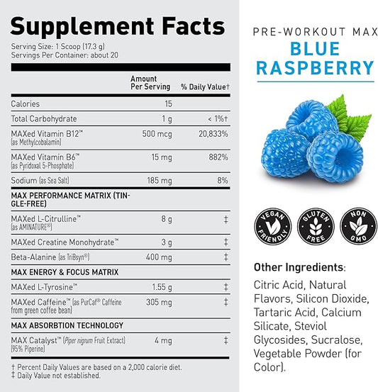 Kaged Pre Workout MAX Powder | Blue Raspberry | Tingle Free, High Stim Pre-Workout | 305 mg Caffeine, Creatine, L-Citrulline | MAXCatalyst for Absorption | Supplements for Men & Women | 20 Servings