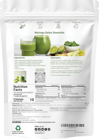 Organic Moringa Oleifera Leaf Powder, 1 Pound | Rich in Antioxidants & Immune Vitamins | Pure Leaves Without Stems | Great Superfoods for Tea or Drink | India Grown, Vegan
