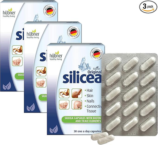 Hübner Original Silicea Gel One a Day Capsules for Hair, Skin, Nails, and Connective Tissue, Pure Colloidal Silica Gel Formula, No Additives or Preservatives, 30 Servings, 3-Pack