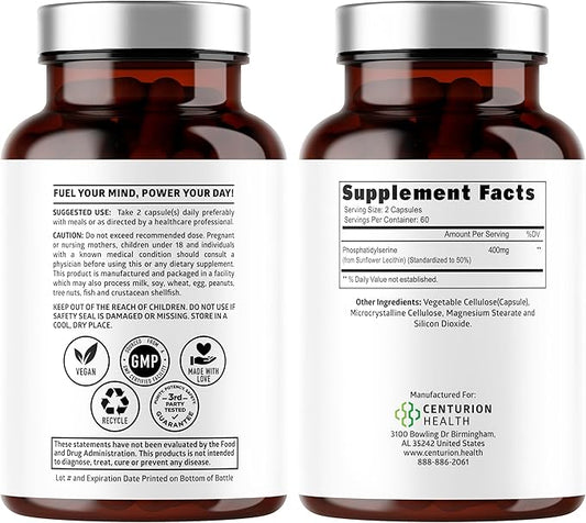 Number One Nutrition Premium Phosphatidylserine 400mg, Derived from Sunflower Lecithin to Help Support Memory, Focus & Cognition Naturally, Soy Free, 120 Veg Caps