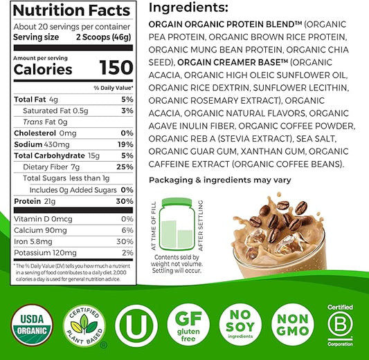 Orgain Organic Vegan Protein Powder, Iced Coffee - 21g Plant Protein, 60mg of Caffeine, Low Net Carb, No Lactose Ingredients, No Added Sugar, Non-GMO, For Shakes & Smoothies, 2.03 lb