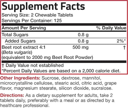 Bronson Beet Root Chewables 2000 MG, Grape Flavored - Extra Strength 2000 MG Per Serving Circulation Support Heart Health & Stamina, Non-GMO, 250 Vegetarian Grape Flavored Chewable Tablets