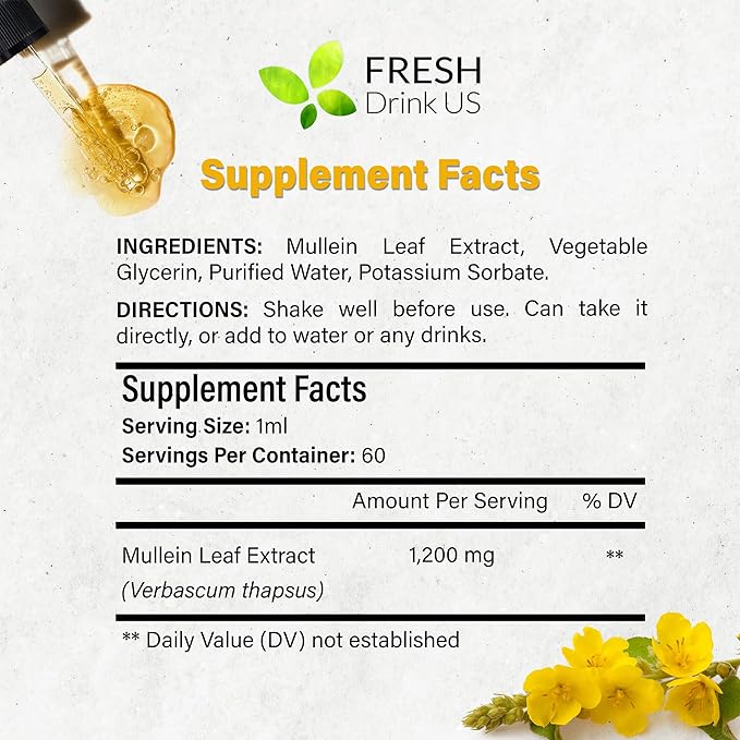 FRESHDRINKUS, 2 fl oz (60ml) Mullein Drops for Lungs Cleanse Support, Mullein Extract Liquid, 1200mg per Serving, 60 Days Supply – 100% from Natural Mullein Leaves, Non-GMO, Gluten-Free (2 fl oz)
