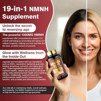 19 in 1 NMNH (Dihydronicotinamide Mononucleotide) 1000mg Per Serving, NAD Supplement Boost NAD+, NAD Resveratrol Supplement with Quercetin, Berberine for Healthy Aging, Energy, 90 Capsule-2PACK