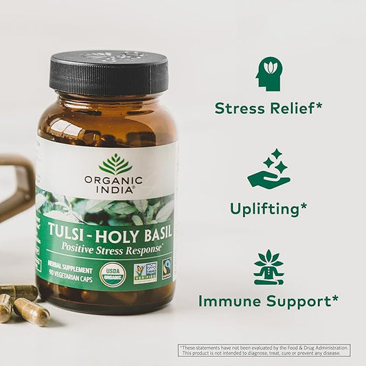 ORGANIC INDIA Tulsi Holy Basil Capsules - Holy Basil Extract - Holy Basil Leaf Supplement, Herbal Supplement, Immune Support, Stress Relief, Vegan, Gluten-Free, Kosher, Organic, Non-GMO - 90 Capsules