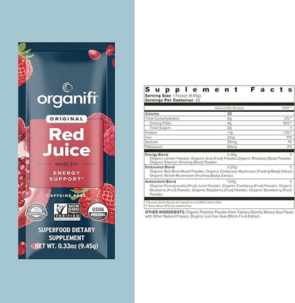 Organifi Red Juice - Energy Powder Reduces Afternoon Crashes and Boosts Digestion and Immune System, 15 Go Packets