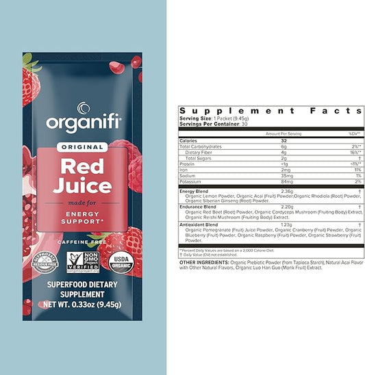 Organifi Red Juice - Energy Powder Reduces Afternoon Crashes and Boosts Digestion and Immune System, 15 Go Packets