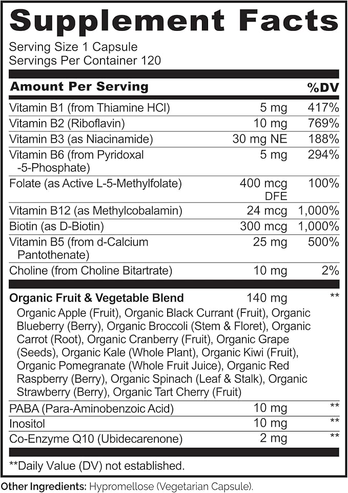 NATURELO Vitamin B Complex with Methyl B12, Methyl Folate, Vitamin B6, Biotin Plus Choline, CoQ10, and Fruit & Vegetable Blend - Supports Energy & Healthy Stress Response - Vegan - 120 Capsules