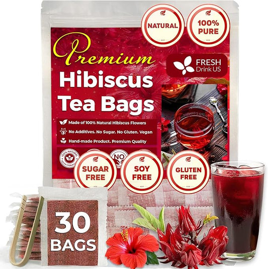 FRESHDRINKUS, Premium 30 Hibiscus Flowers Tea Bags, 100% Natural & Pure from Hibiscus Flowers. Loose Flower Hibiscus Herbal Tea. No Sugar, No Caffeine, No Gluten, Vegan.