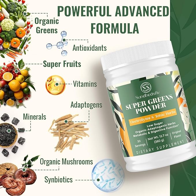 Electrolytes Powder Plus Super Greens & Tonic Herbs - Low Sugar Electrolyte Drink Mix for Hydration, Energy, Gut & Immune - with Shilajit, Chlorella, Organic Greens, Adaptogens -Unflavored-30 Servings