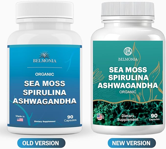 Sea Moss with Spirulina and Ashwagandha Blend Capsules, Mood, Immune Support & Stress Relief, Micro Ingredients & Antioxidants Source — Non-GMO, Vegan Superfood Supplement, 90 Count