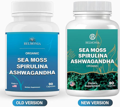 Sea Moss with Spirulina and Ashwagandha Blend Capsules, Mood, Immune Support & Stress Relief, Micro Ingredients & Antioxidants Source — Non-GMO, Vegan Superfood Supplement, 90 Count