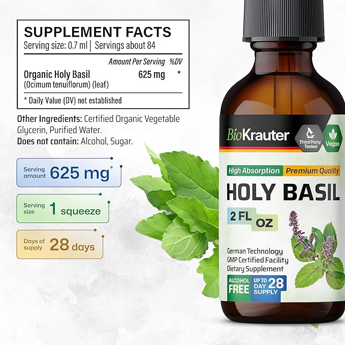 BIO KRAUTER Holy Basil Tincture - Tulsi Powder Liquid Extract - Supports Calmness and Relaxation - Ursolic Acid Supplement - Alcohol and Sugar Free - Vegan Drops 2 Fl.Oz.