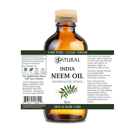 Zatural Organically Grown Neem Oil 100% Pure Cold Pressed Seed Oil Uses for Hair, Skin, and Nails, & Outdoor 8oz