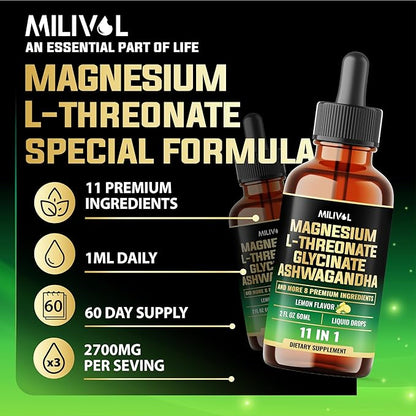 10in1 Magnesium L-Threonate Liquid Drops with Magnesium Glycinate, Ashwagandha, Vitamin D3, C, B6 & 4 Other Ingredients - 2 Fl Oz - Lemon Flavor