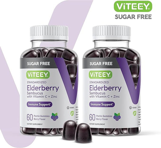 VITEEY Sambucus Elderberry Gummies for Adults & Teens + Zinc & Vitamin C - Sugar Free - Immune Support & Booster Herbal Supplement - Vegan, Gluten Free, Gelatin Free, GMO Free, Chewable Berry Flavored