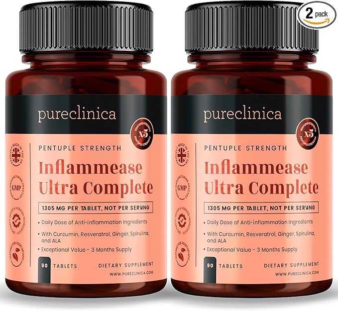 pureclinica Inflammease Ultra Complete (Resveratrol, Ginger, ALA, Spirulina, Curcumin- 5 Supplements in one) 1305mg x 180 Tablets - 2 Bottles of 90 Tablets - 6 Months Supply!
