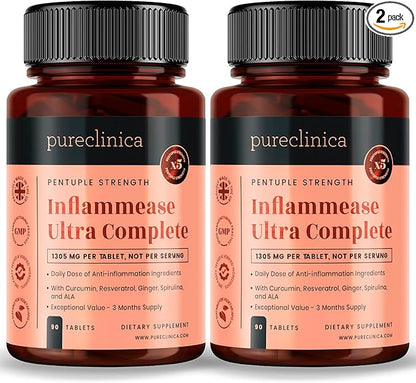 pureclinica Inflammease Ultra Complete (Resveratrol, Ginger, ALA, Spirulina, Curcumin- 5 Supplements in one) 1305mg x 180 Tablets - 2 Bottles of 90 Tablets - 6 Months Supply!