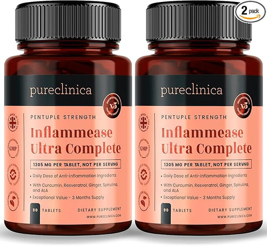 pureclinica Inflammease Ultra Complete (Resveratrol, Ginger, ALA, Spirulina, Curcumin- 5 Supplements in one) 1305mg x 180 Tablets - 2 Bottles of 90 Tablets - 6 Months Supply!