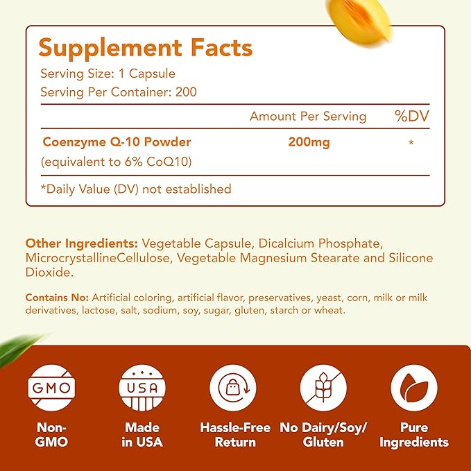 Coenzyme Q10 200mg CoQ10 Supplement - Once Daily Coq 10 200mg Powder Capsules for Healthy Heart Antioxidant and Energy Support - Non-GMO Quick Absorption Ubiquinone Q10 Coenzyme (400 Servings)