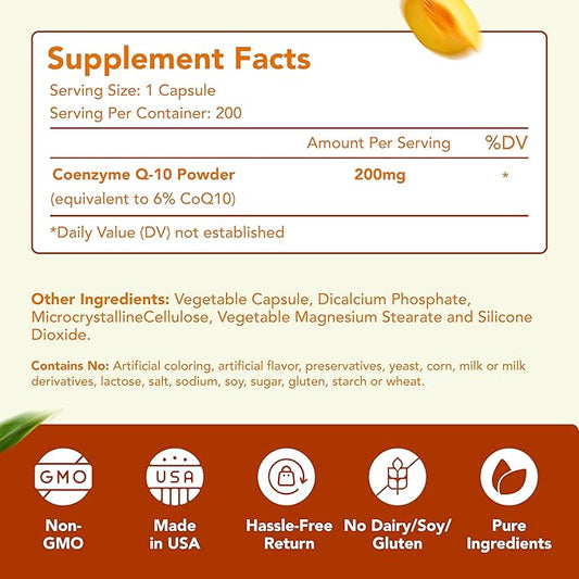Coenzyme Q10 200mg CoQ10 Supplement - Once Daily Coq 10 200mg Powder Capsules for Healthy Heart Antioxidant and Energy Support - Non-GMO Quick Absorption Ubiquinone Q10 Coenzyme (400 Servings)