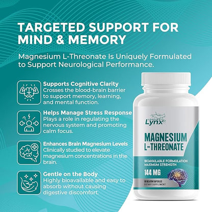 Pure Organic Magnesium L-Threonate 2,000 MG, Bioavailable + High-Absorption + Max Potency & Purity |90 Magnesium Threonate Capsules, 30-Day Supply| Brain Health, Better Sleep, & Cognitive Health