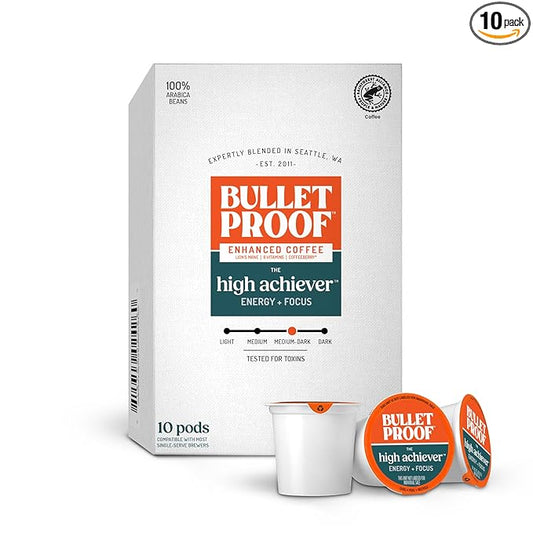Bulletproof The High Achiever Single-Serve Pods, 10 count, Medium-Dark Roast Enhanced Coffee with Lion's Mane Mushroom, B Vitamins, and Adaptogens for Energy and Focus, Packaging May Vary
