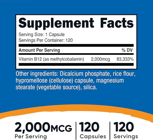 Nutricost Vitamin B12 (Methylcobalamin) 2000mcg, 120 Capsules - Vegetarian Caps, Non-GMO, Gluten Free B12 Supplement