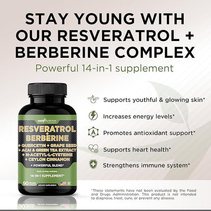 Gade Nutrition Resveratrol Berberine Quercetin Grape Seed Extract Green Tea Extract N-Acetyl Cysteine - 14 in 1 Complex Supplement for Women & Men with Potent Antioxidants - Made in USA