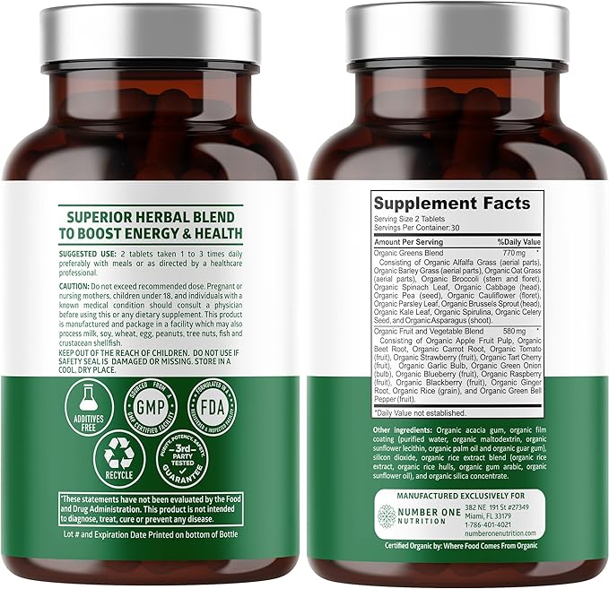 USDA Organic Superfood Greens [28 Powerful Ingredients] Natural Super Greens Capsules, Fruit and Veggie Supplement with Alfalfa, Beet Root and Ginger to Support Energy and Immunity, 60 Tablets