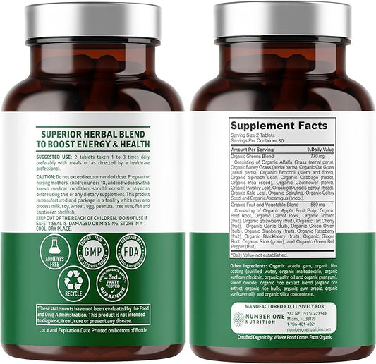 USDA Organic Superfood Greens [28 Powerful Ingredients] Natural Super Greens Capsules, Fruit and Veggie Supplement with Alfalfa, Beet Root and Ginger to Support Energy and Immunity, 60 Tablets