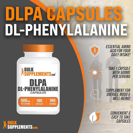 BulkSupplements.com DL-Phenylalanine Capsules - DLPA Capsules, DL-Phenylalanine 500mg - DLPA Supplements, Amino Acid Supplement - Gluten Free, 1 Capsule per Serving, 180 Capsules