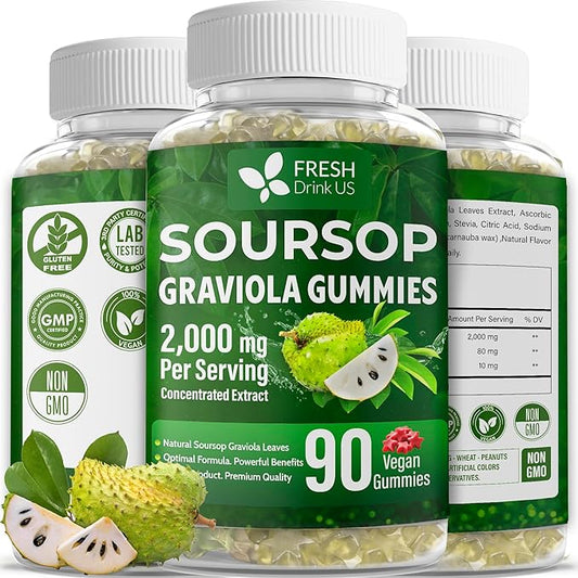 FRESHDRINKUS, Premium 90 Soursop Graviola Gummies, 2000mg per Serving, 45 Days Supply – 100% from Natural Soursop Graviola Leaves Extract, Vegan, Non-GMO, Gluten-Free (90 Gummies)