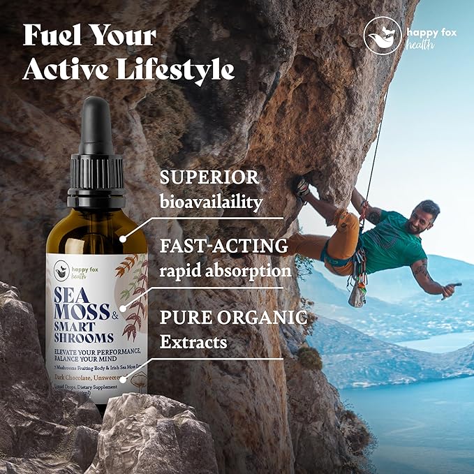 HAPPY FOX Irish Sea Moss Liquid Drops & Mushroom Tincture - Seamoss with 7 Adaptogenic Mushroom Extracts for Cognitive Support & Gut Health, Mushroom Coffee Elixir, Dark Chocolate Flavor