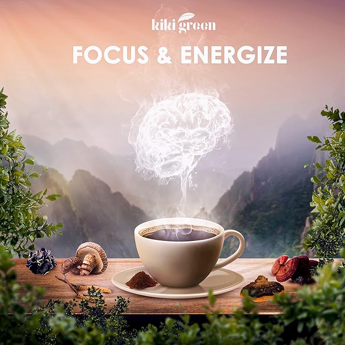 KIKI Green 8 Mushrooms Powder Extract - Supplement Blend 8 oz - Lion's Mane, Reishi, Chaga, Cordyceps, Maitake, Shiitake - for Focus and Energy - Add to Coffee and Smoothies